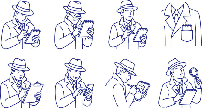 Detective in trench coat and fedora hat writing and looking at phone, vector illustration on transparent background.