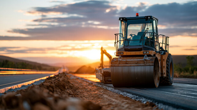 Major highway project with heavy construction machinery building roadbed layers and asphalt pavement across a wide transportation corridor, highway project, roadbed layers, asphalt paving,