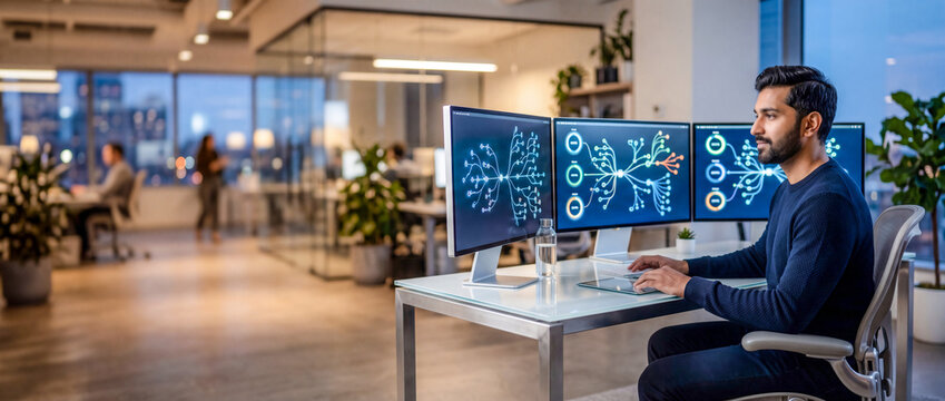 Software engineer working on multi-monitor setup analyzing data nodes in a modern corporate office.