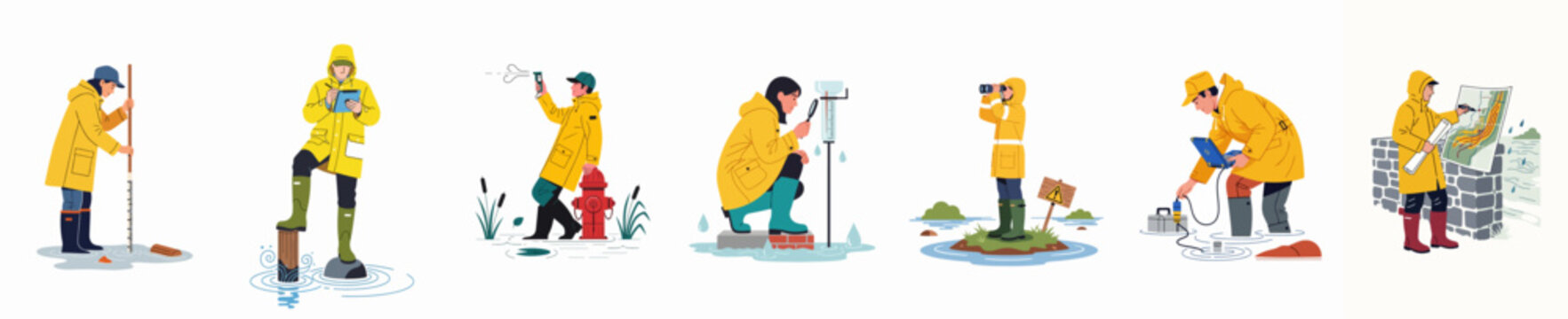 Illustration set of professionals in yellow raincoats conducting water level measurements, flood monitoring, and environmental data collection in various outdoor scenarios.