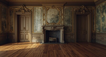 Obraz premium Elegant spacious room featuring a classic fireplace and detailed doors with copy space for text
