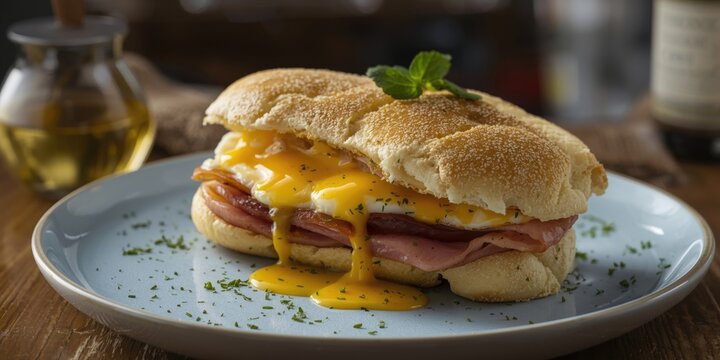 Gourmet ham and egg sandwich prepared croque madame style with cheese sauce