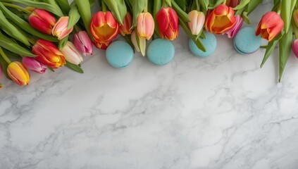 Obraz premium Colorful tulips and blue macarons on marble table forming a joyful spring greeting with generous copy space