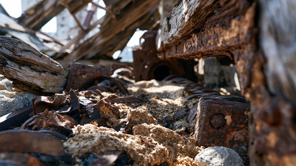 Fototapeta premium Abandoned feed mill machinery corrodes inside a collapsed Midwest processing building, cast iron roller frames seized with oxidation, leather belt drive systems rotted to fragments, grain dust archa