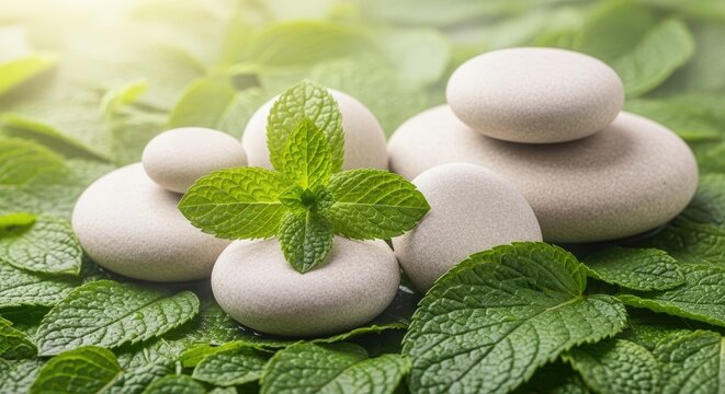 Zen stones and fresh mint leaves composition for relaxation and wellness