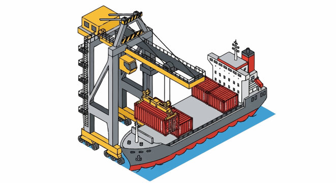Container ship with cargo crane loading.