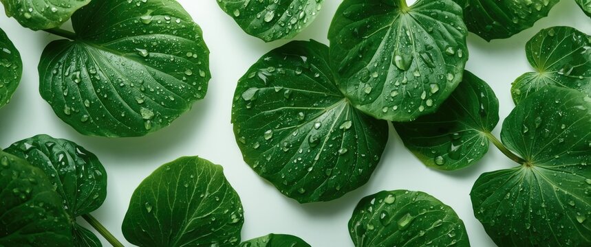 Close up overhead of lively Centella asiatica leaves sprinkled with water on white