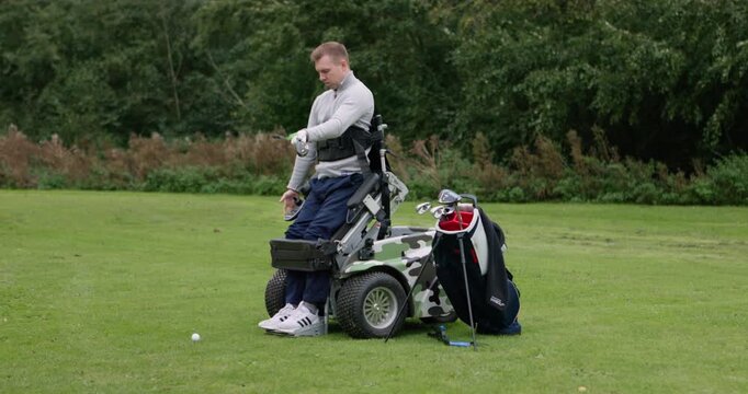 Golf, sports and man with disability, driver and match or paragolfer, game and challenge or ready. Male person, club and fitness or exercise in outdoors, course and training or practice, play on lawn