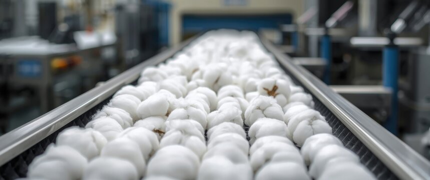 Cotton balls being conveyed on a mechanical belt in production