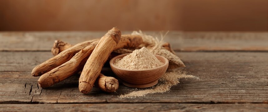 fresh maca roots laid out on wooden surface beside bowl of maca powder