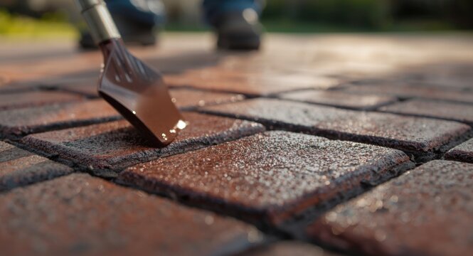 Closeup of protective sealant application on driveway brick surface