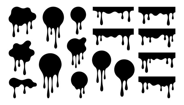 Set of black liquid drips, melting paint drops, ink splashes, and flowing slime borders