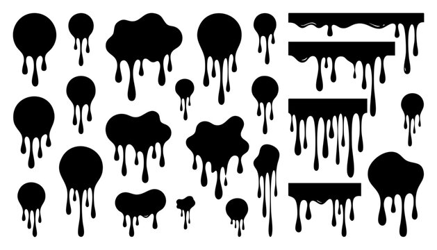 Set of black liquid drips, paint splashes and melting shapes