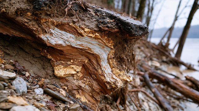 Flood-eroded embankment exposes stratified geological cross-section beneath a collapsed road surface, laminated clay and gravel deposits recording ancient fluvial sequences, documentary infrastructu