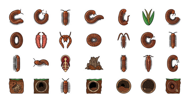 A diverse collection of brown insects and larvae in various shapes and sizes, showcasing their unique forms and textures.