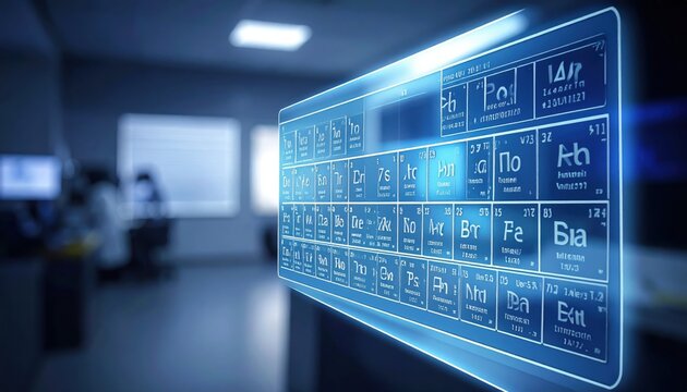 A high-tech transparent screen displays the glowing periodic table of elements in a modern laboratory setting.