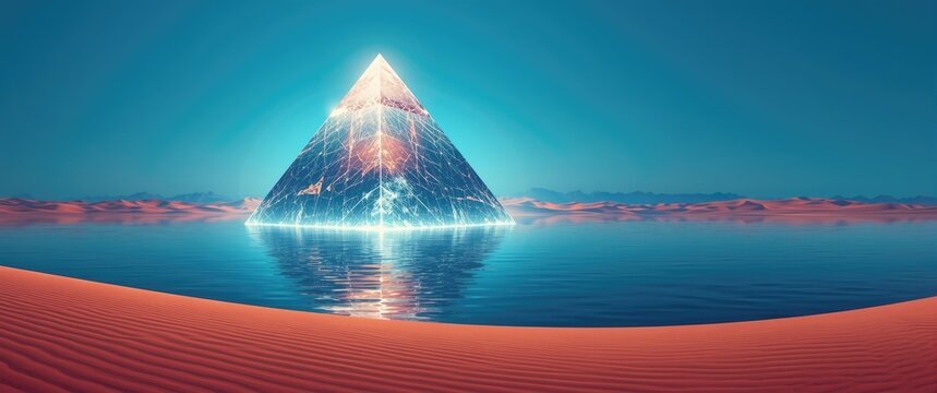 Futuristic styled poster presenting a luminous crystal pyramid surrounded by desert water and dunes