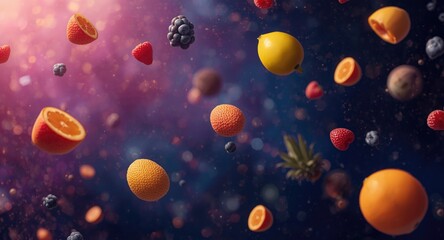 Obraz premium Creative summer cosmic scene with floating fruits in abstract space background