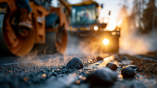 Asphalt road roller pressing hot pavement on a new roadway, steel drum leaving a dense smooth finish while steam rises in the morning light, asphalt compaction, road roller, fresh pavement,