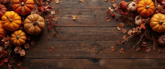 Obraz premium Floral interior styling with rustic fall table and crafted pumpkins holiday decor top view anime
