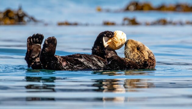 Playful sea otter floats on its back in the ocean holding a seashell, showcasing resourcefulness and adorable behavior.