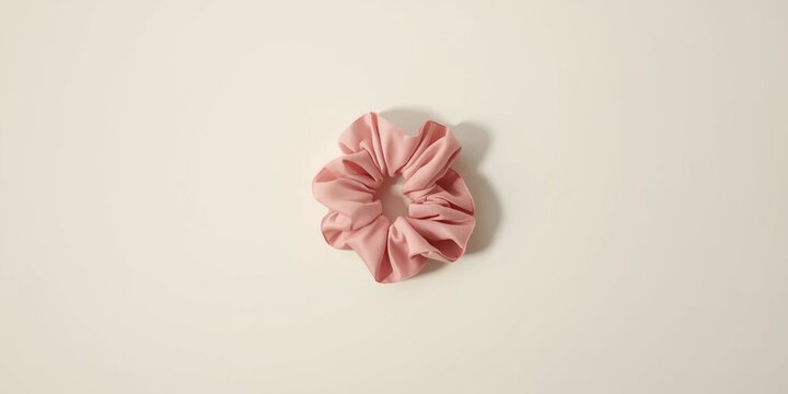 Graceful pink scrunchie positioned on a spotless white background with elegant fabric texture