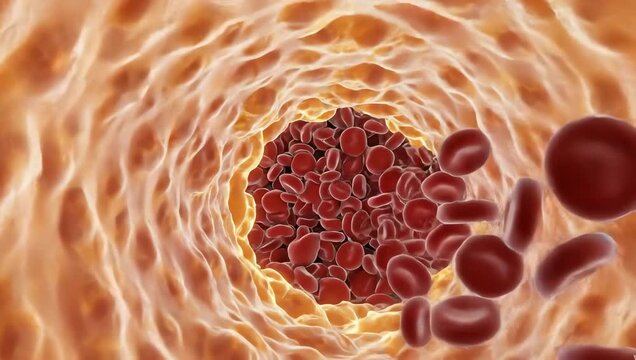 Inside a human artery gradually narrowing from plaque buildup, glowing fatty deposits forming smoothly along transparent vessel walls