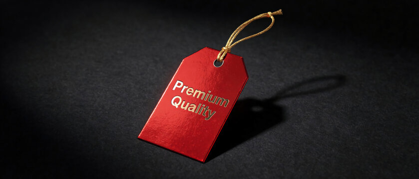 A glossy red hangtag with "Premium Quality" written in gold lettering, attached to a golden string on a dark textured surface.