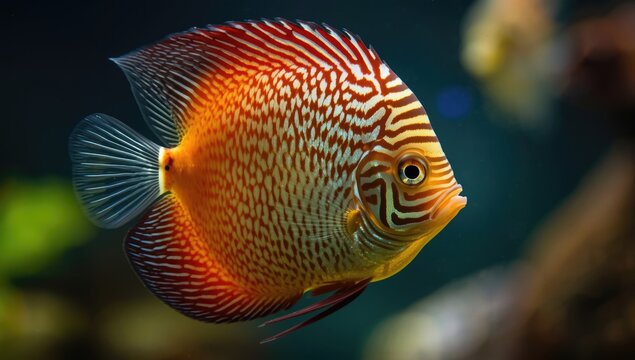 Detailed close-up of an adult Symphysodon discus with multicolored tank fish