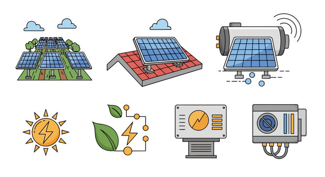 Collection of Solar Energy Icons - Panels, Sun, Leaves, and Power Systems.