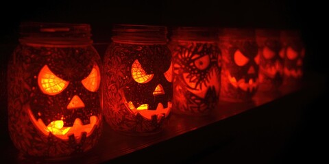Obraz premium Halloween ornamental jars glowing with creepy and mysterious eyes