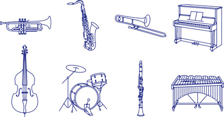 Musical instruments line art collection featuring piano trumpet saxophone trombone double bass drum kit clarinet xylophone and other orchestral instruments. © Sadhin
