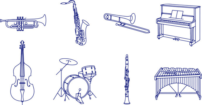 Musical instruments line art collection featuring piano trumpet saxophone trombone double bass drum kit clarinet xylophone and other orchestral instruments.