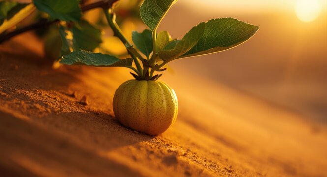 Close-up of ripe Citrullus colocynthis fruit with stems and leaves on sandy dune