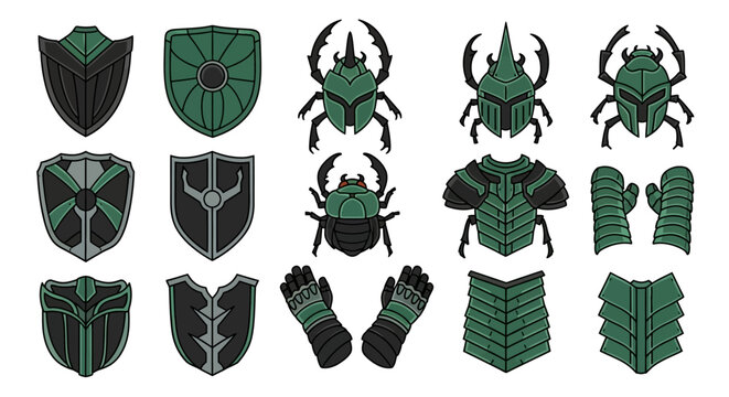 Collection of stylized beetle armor and shields in green and black.