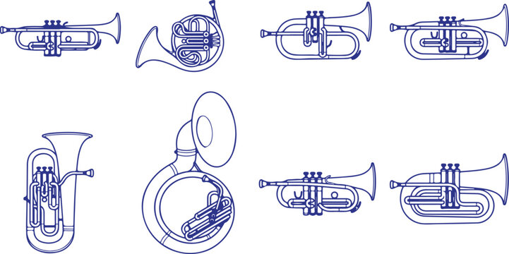 Musical instruments line art collection featuring french horn trumpet tuba sousaphone cornet and other brass wind instruments with detailed outlines.