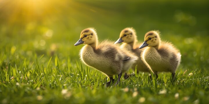 Delighted goslings sprinting through bright green grass on a warm summer day