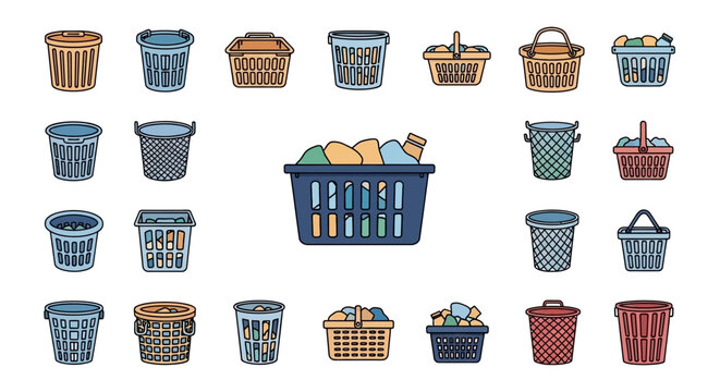 Collection of various baskets and bins for storage and shopping.