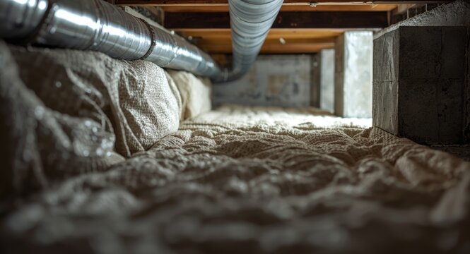Energy saving home improvement featuring fully encapsulated crawl space with thermoregulatory blankets and visible radon mitigation pipes