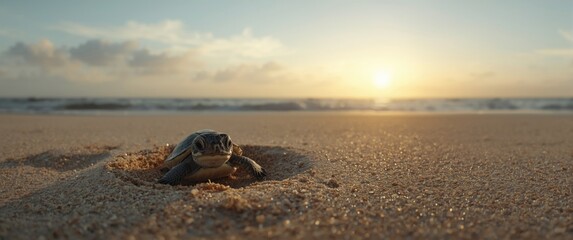 Obraz premium Cute baby turtle journeying from nest to vast ocean horizon