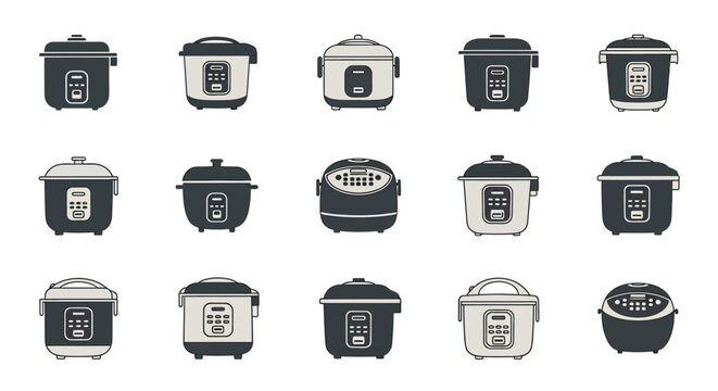 Collection of various electric rice cookers and multi cookers for modern kitchens.