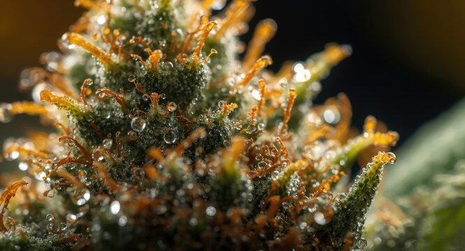 Close up view of cannabis trichomes shining with morning dew featuring bright yellow tips and unique strain traits