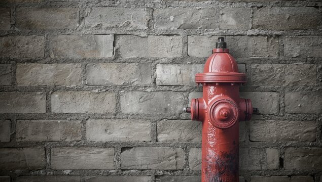 Close up focus on a brick wall with a shining red fire hydrant in the middle
