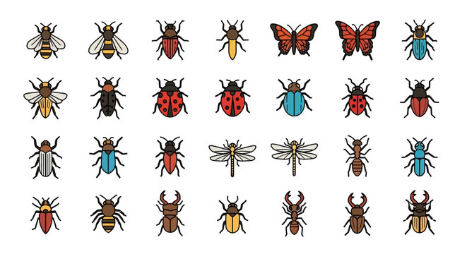 Collection of various insects and bugs in a colorful flat design style.