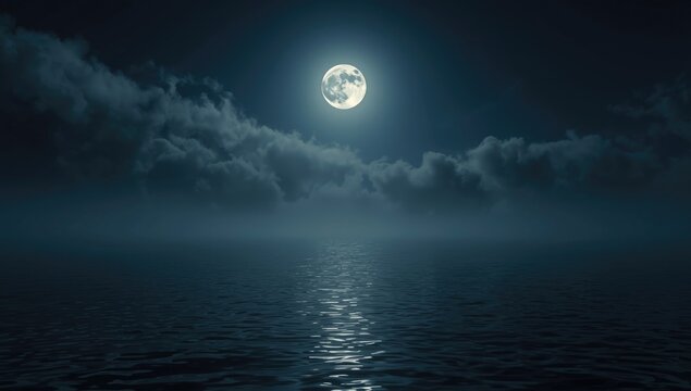 Full moon casting shimmering silver light over tranquil water and misty clouds