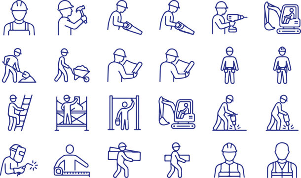 Construction workers outline icons set on transparent background for graphic design building industry professional people with tools.