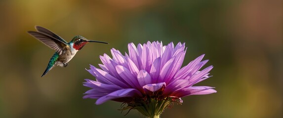 Naklejka premium Energetic hummingbird hovering above a vivid purple petal cluster