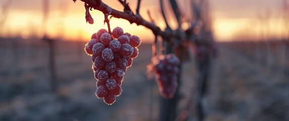 Fototapeta premium Clusters of grapes frosted and dangling from winter vines at sunset