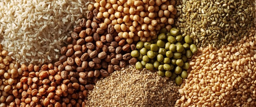 Diverse plant based grains including rice lentils and vibrant split peas