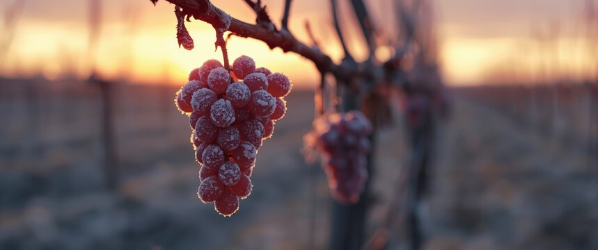 Clusters of grapes frosted and dangling from winter vines at sunset